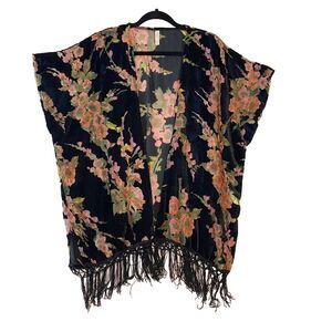 Xhilaration Kimono Velvet Burn Out Size XS/S Dark Floral Fringe Boho Gypsy Fairy
